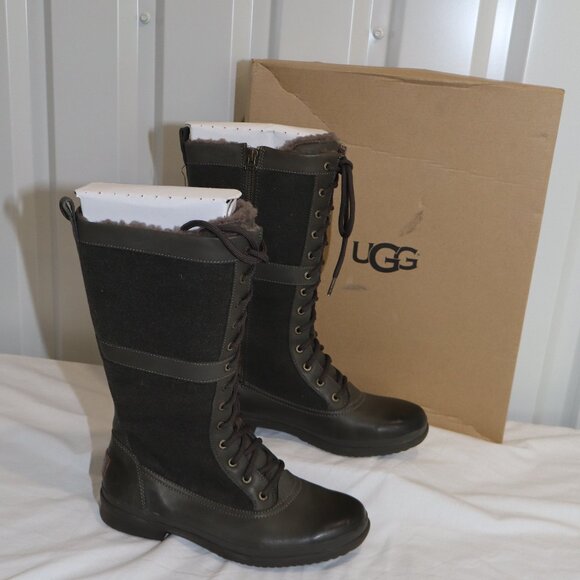 UGG Womens Elvia Lace Up Boots Waterproof "Slate" Dark Gray Size 8.5 New In Box - Picture 1 of 9